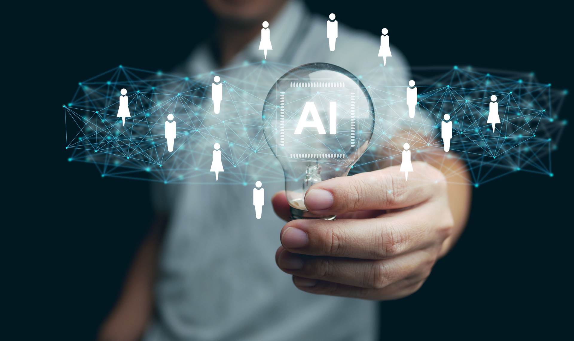 AI technology for HR, Human resources. A man holds lightbulb with artificial intelligence chip in it representing using Ai and automation to manage and recruit employees. Automate the hiring process