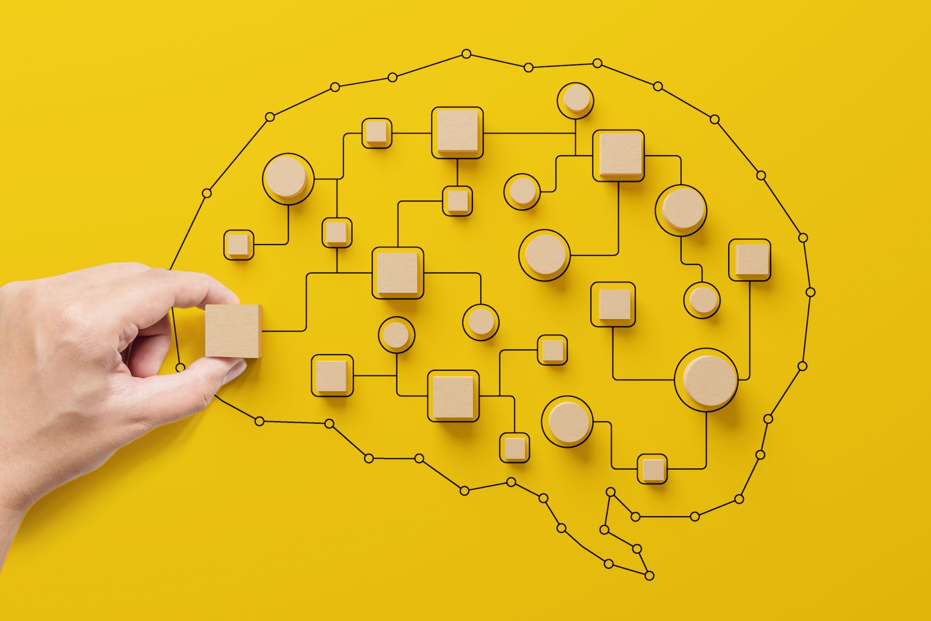 Business process and workflow automation with flowchart. Hand putting wooden cube block arranging processing management in brain shape on yellow background
