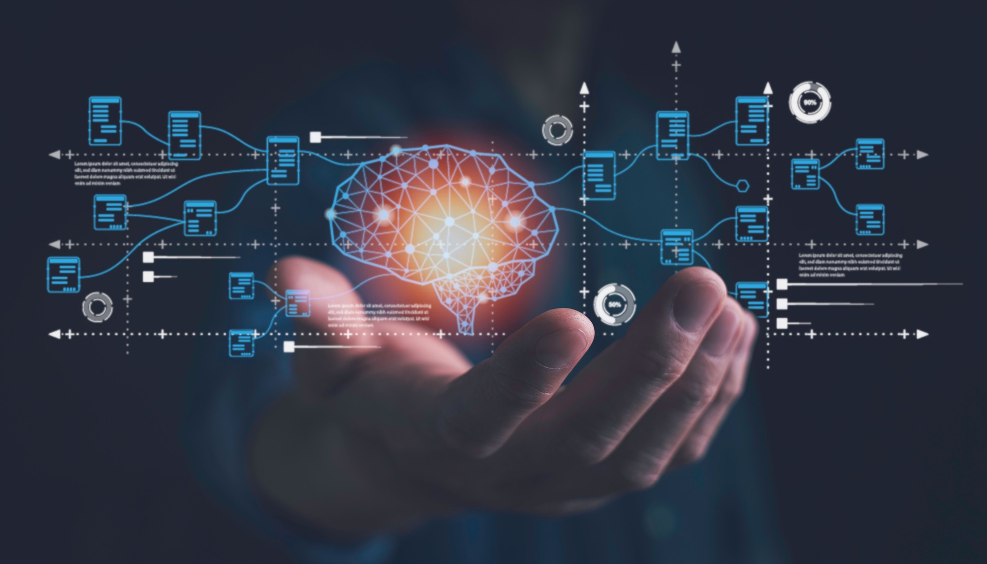 AI network of brain on business analysis, innovative and business growth development. Businessman show brain of AI, Symbolic, Machine learning, artificial intelligence of futuristic technology.